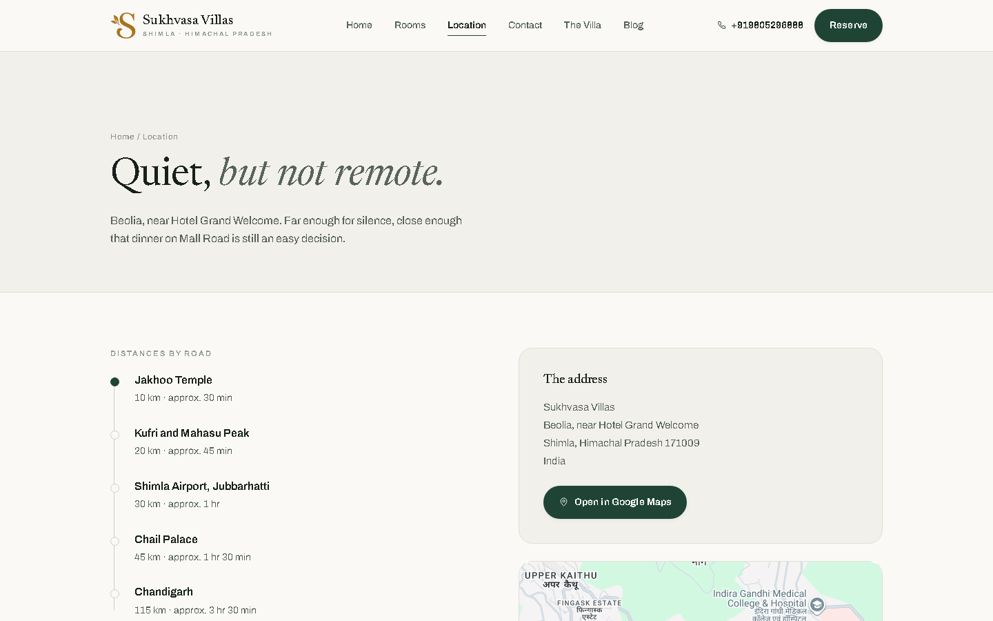 Sukhvasa Villas location page showing distances to nearby landmarks