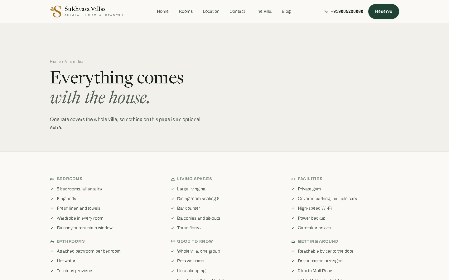 Sukhvasa Villas amenities page listing grouped facilities and house rules